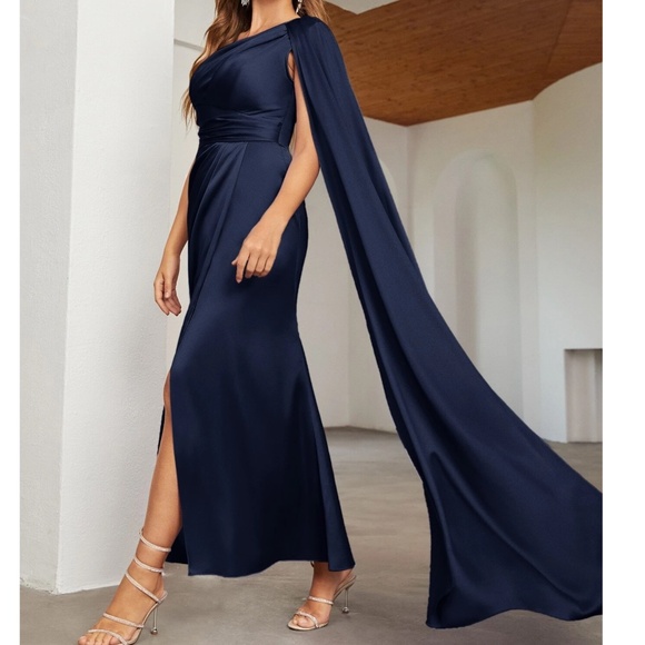 Luxe Navy Blue Satin One Shoulder Ruched Split Hem Formal Party Wedding Dress - Picture 13 of 13
